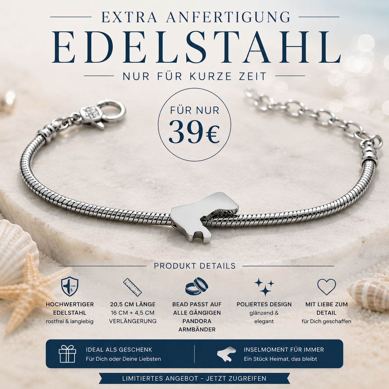 Borkum Bead Set aus Edelstahl – Armband + Borkum Bead für nur 39 €