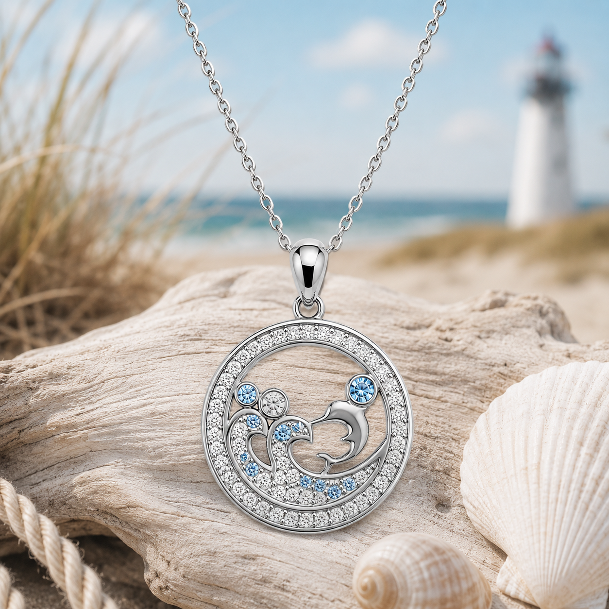 Delfin & Wellen Anhänger mit Kette  925 Sterling Silber | 20 mm