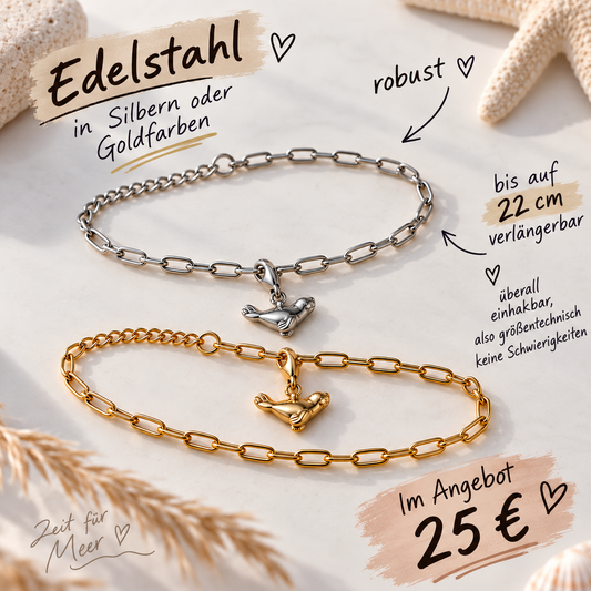 Borkum Seehund Armband mit Charm | Edelstahl Silber & Gold